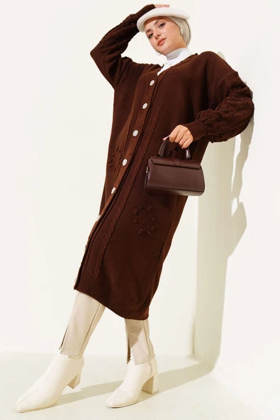 Taşlı Düğmeli Triko Hırka Kahve ürün görseli 1