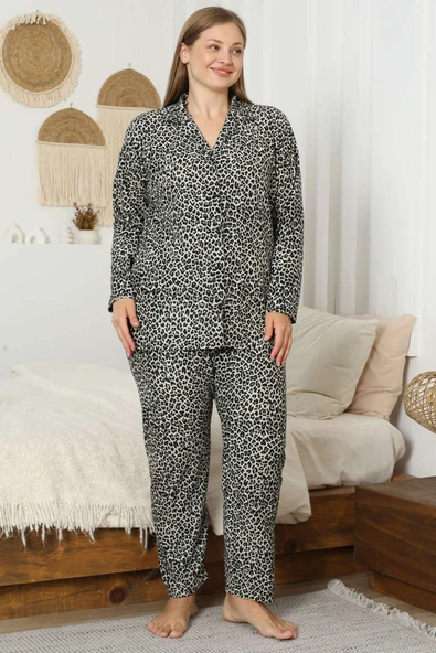 Leopar Desen Süet Büyük Beden Pijama Takım Yeşil ürün görseli 1