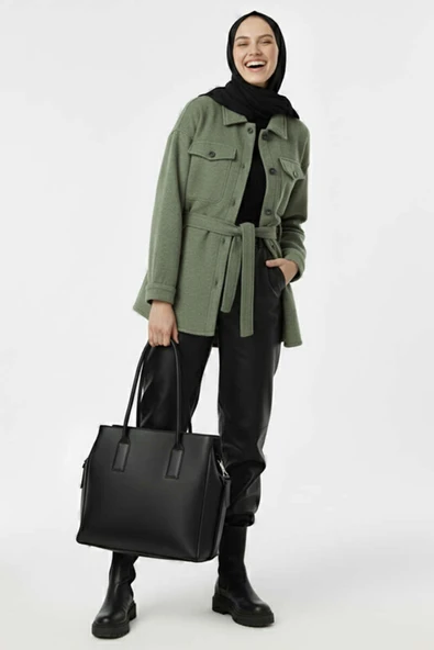 Kuşaklı Düğmeli Kaşe Ceket Mint - 2