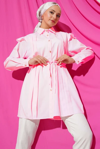 Omuz Fırfırlı Şeritli Kuşaklı Gömlek Toz Pembe ürün görseli 1