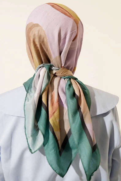 Çiçekli Şeritli Bambu Kraş Eşarp Yeşil - Resim 3