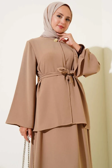Tek Düğmeli Kuşaklı Dabıl İkili Takım Latte - Resim 2