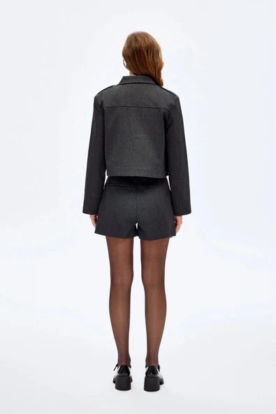 Quzu Apolet Detaylı Kadın Crop Ceket - Resim 5