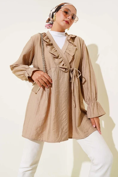 Fırfırlı Bileği Lastikli Kimono Camel ürün görseli 1