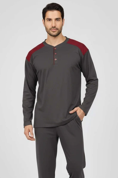 Yaka Düğmeli Büyük Beden İnterlok Erkek Pijama Takım Füme - Resim 2