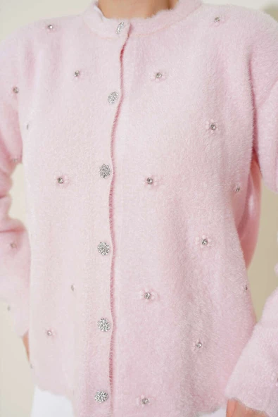 Taşlı Çiçek Düğmeli Sakallı Hırka Pudra - Resim 4