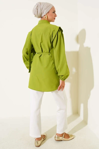 İp Kuşaklı Omuz Pelerinli Gömlek Fıstık Yeşili - Resim 3