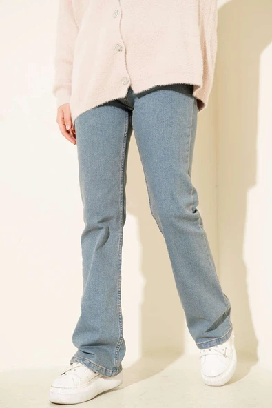 Kemerli İspanyol Paça Kot Pantolon Açık Mavi - Resim 2