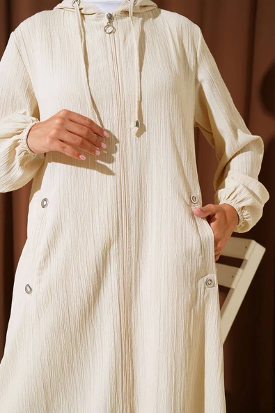 Kapüşonlu Cepli Ağaç Kabuğu Kap Bej - Resim 4