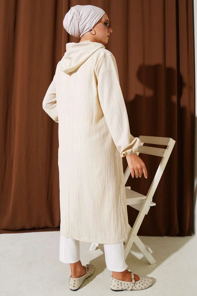 Kapüşonlu Cepli Ağaç Kabuğu Kap Bej - Resim 3