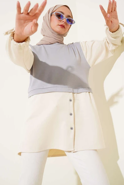 Bilekleri Tünelli Garnili Tunik Gri ürün görseli 1