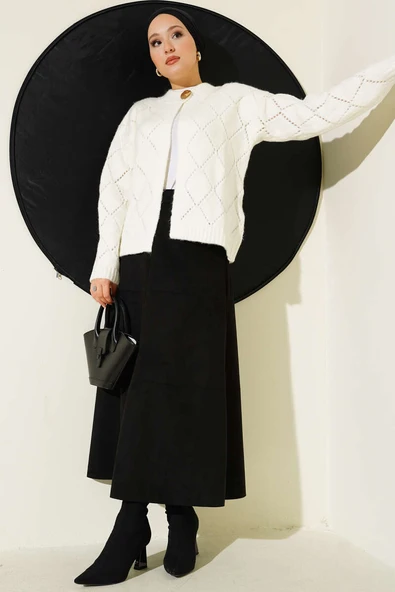 Delikli Baklava Desenli Triko Hırka Ekru - Resim 2