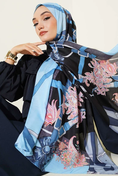 Kemer Desenli Soft Şal Siyah Mavi ürün görseli 1