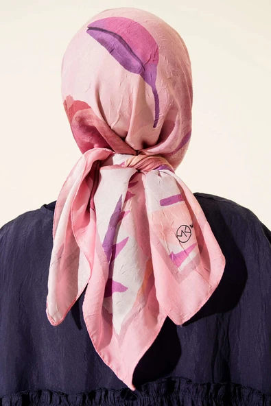 Çiçekli Şeritli Bambu Kraş Eşarp Pembe - Resim 3