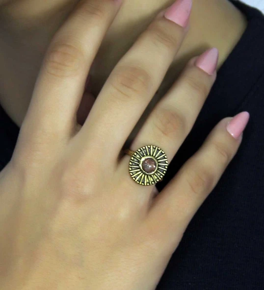Doğal Taş Güneş Yuvarlak Doğal Taşlı Antik Model Kadın Ayarlanabillir Yüzük euy70gns - Resim 2