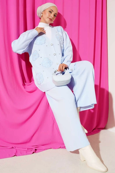 İnci Çiçek Detaylı İkili Triko Takım Mavi ürün görseli 1