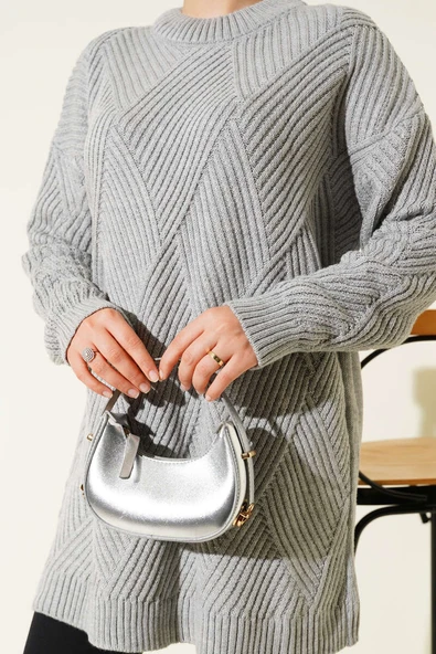 Çizgi Baklava Desen Triko Tunik Gri - Resim 4