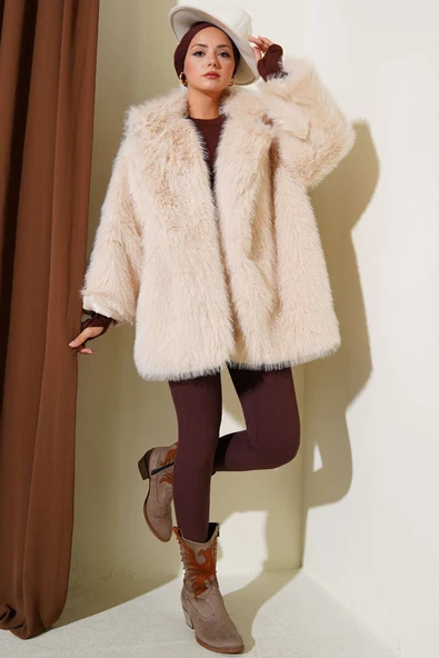 Düğmesiz Astarlı Kürk Bej - Resim 2