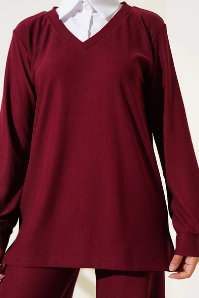 Gömlek Yaka Fitilli Salaş İkili Takım Bordo - Resim 4