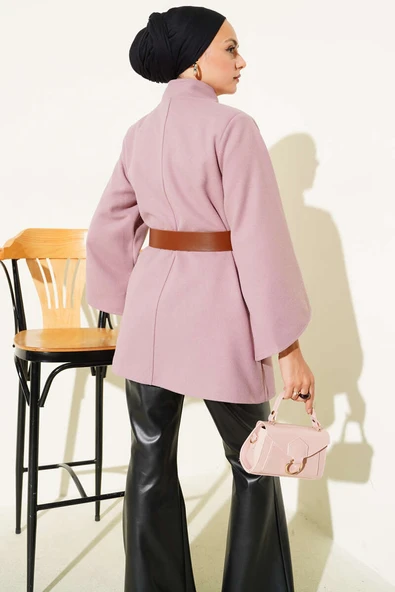 Gold Düğmeli Kaşe Panço Pudra - 3