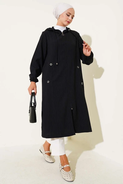 Kapüşonlu Cepli Ağaç Kabuğu Kap Siyah ürün görseli 1