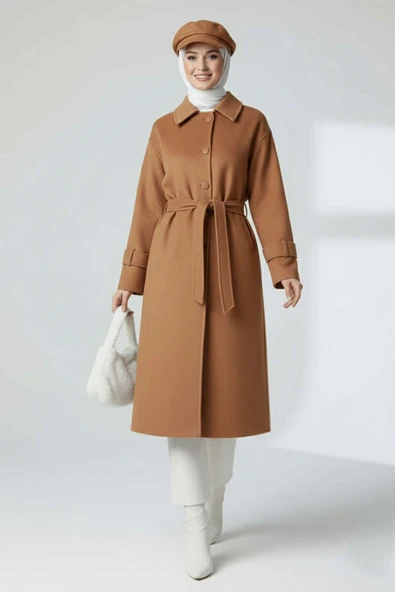 Kuşaklı Düğmeli Kaşe Kaban Taba ürün görseli 1