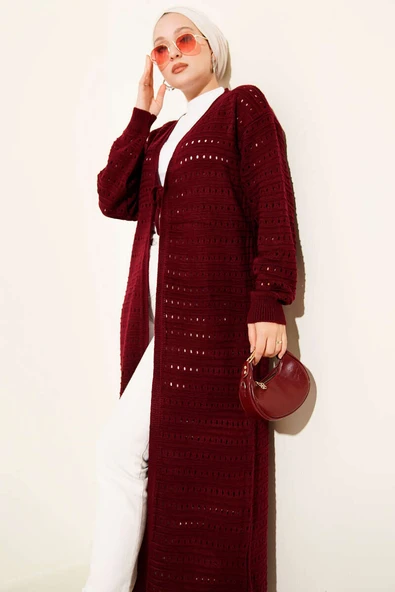 Bağcık Detaylı Uzun Triko Hırka Bordo - Resim 2