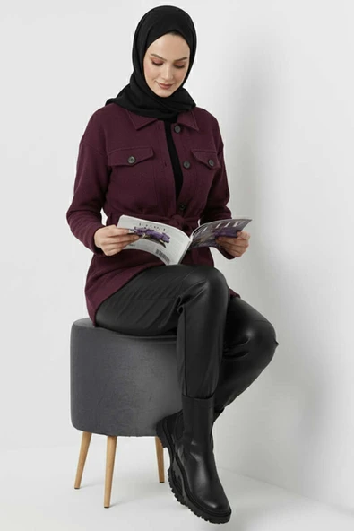 Kuşaklı Düğmeli Kaşe Ceket Mor ürün görseli 1