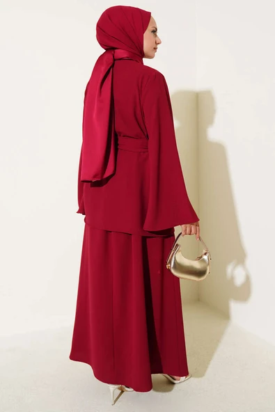Tek Düğmeli Kuşaklı Dabıl İkili Takım Bordo - Resim 3