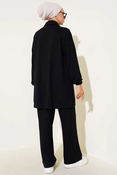 Loyşa Taş Süslemeli Fermuarlı İkili Takım Siyah - Resim 3