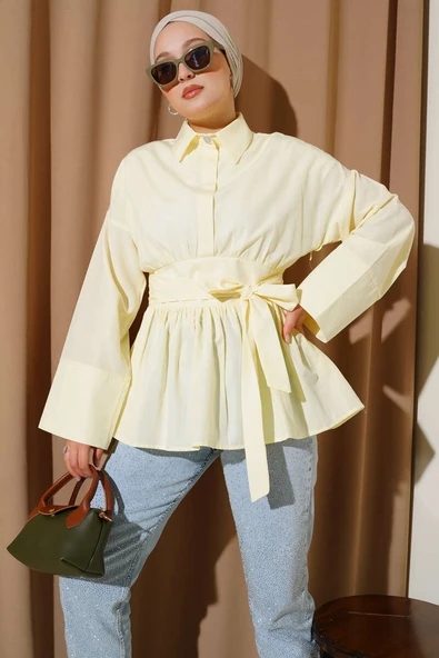 Gizli Düğmeli Bel Kuşaklı Gömlek Sarı - Resim 2
