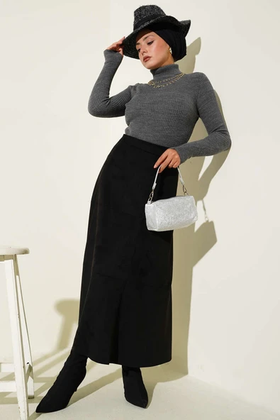 Balıkçı Yaka Parmak Geçirmeli Triko Kazak Füme - Resim 2