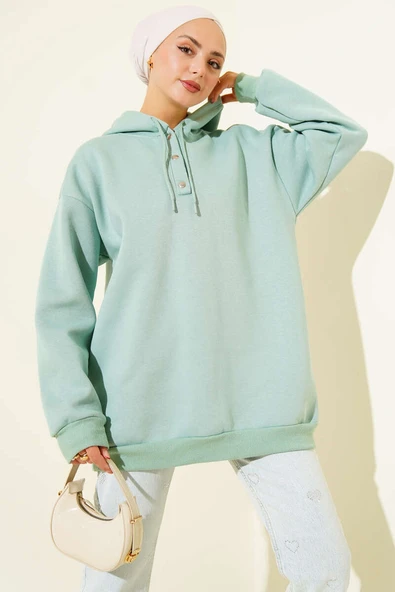 Üç İplik Yarım Çıtçıtlı Sweatshirt Çağla Yeşili ürün görseli