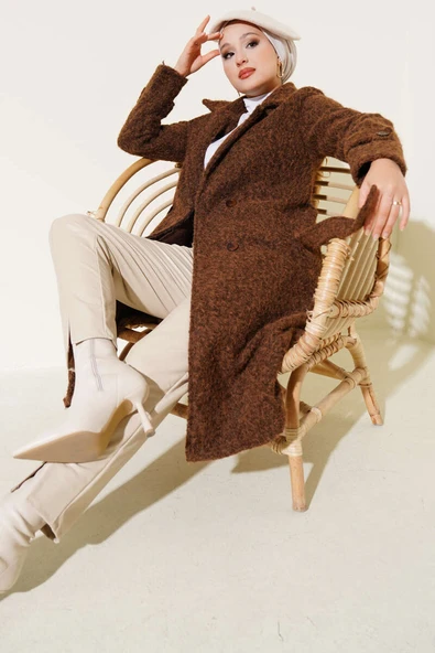 Kruvaze Yaka Kuşaklı Kaşe Kaban Taba ürün görseli 1