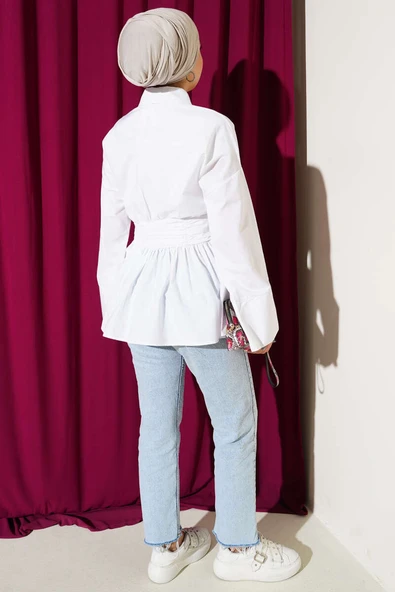 Gizli Düğmeli Bel Kuşaklı Gömlek Beyaz - Resim 3