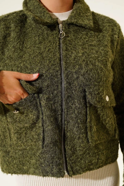 Çift Cepli Fermuarlı Kısa Ceket Haki - Resim 4