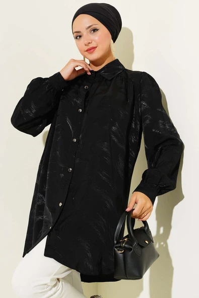 Jakar Fırça Desenli Gömlek Siyah ürün görseli 1