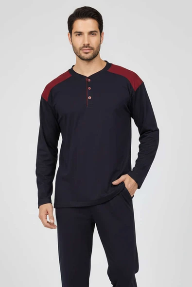Yaka Düğmeli Büyük Beden İnterlok Erkek Pijama Takım Lacivert Bordo - Resim 2