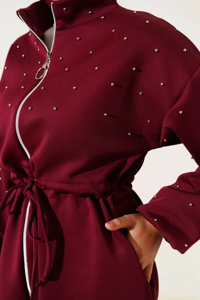 Bel Tünelli Boncuklu Scuba İkili Takım Bordo - Resim 4