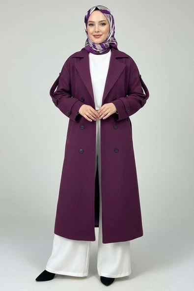 Kuşaklı Düğme Detaylı Kaşe Kaban Mor ürün görseli 1