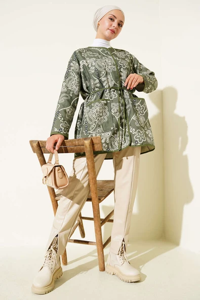 Retro Desen Kapitone Ceket Haki - Resim 2