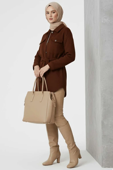 Kuşaklı Düğmeli Kaşe Ceket Kahve - 2