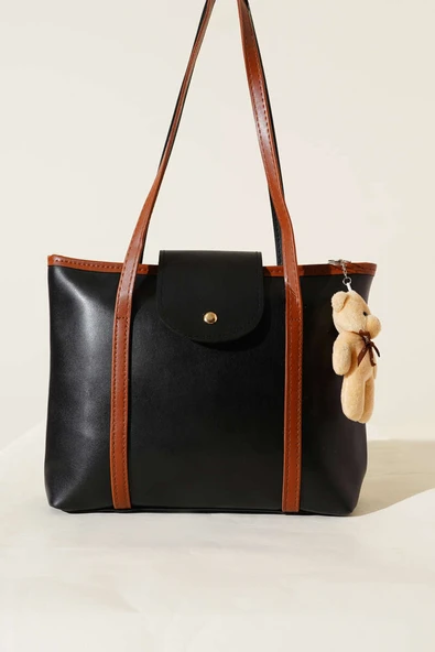 Çıtçıt Detaylı Ayıcıklı Kol Çanta Siyah Taba - Resim 2