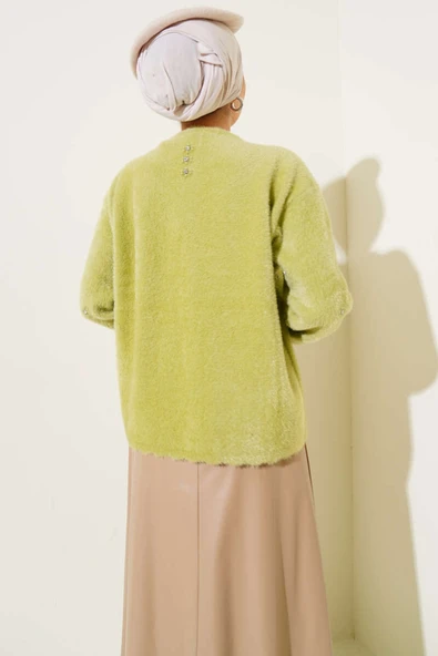 Taşlı Çiçek Düğmeli Sakallı Hırka Yeşil - Resim 3