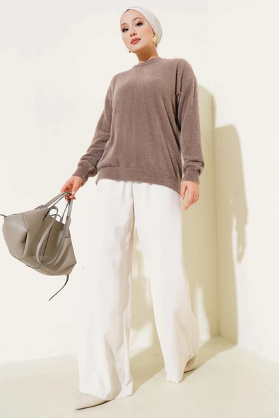 Basic Bisiklet Yaka Sakallı Kazak Vizon - Resim 2