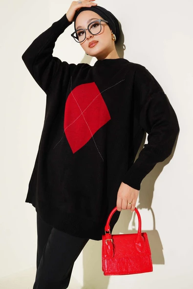 Baklava Çizgi Detaylı Triko Tunik Siyah ürün görseli