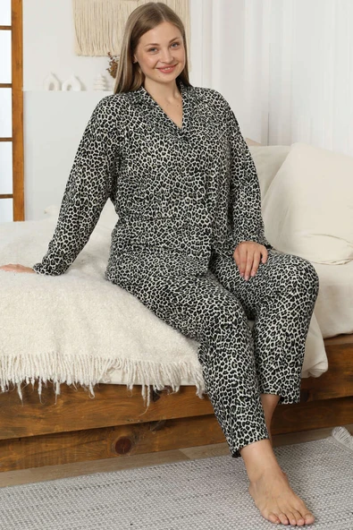 Leopar Desen Süet Büyük Beden Pijama Takım Yeşil - Resim 2