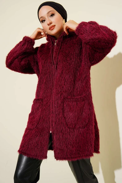 Kapüşonlu Fermuarlı Cepli Hırka Bordo ürün görseli