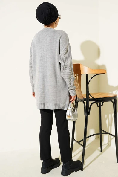 Çizgi Baklava Desen Triko Tunik Gri - Resim 3