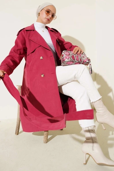 Omuz Apoletli Düğme Detaylı Trençkot Bordo ürün görseli 1